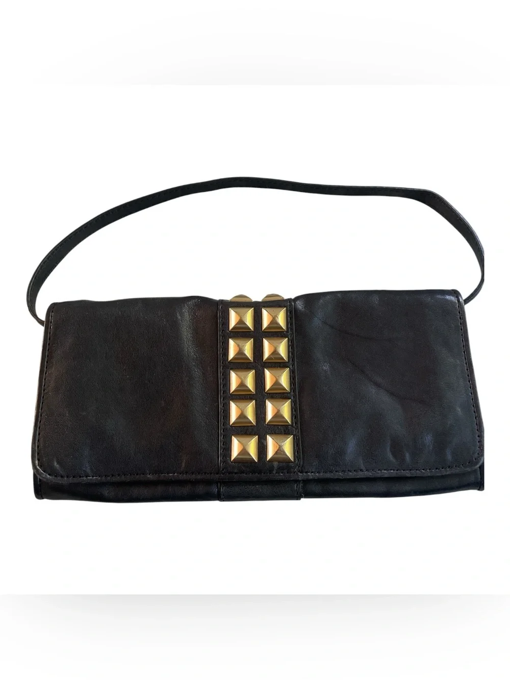 Michael Kors Calista Studded Leather Clutch Shoulder Bag Black Gold